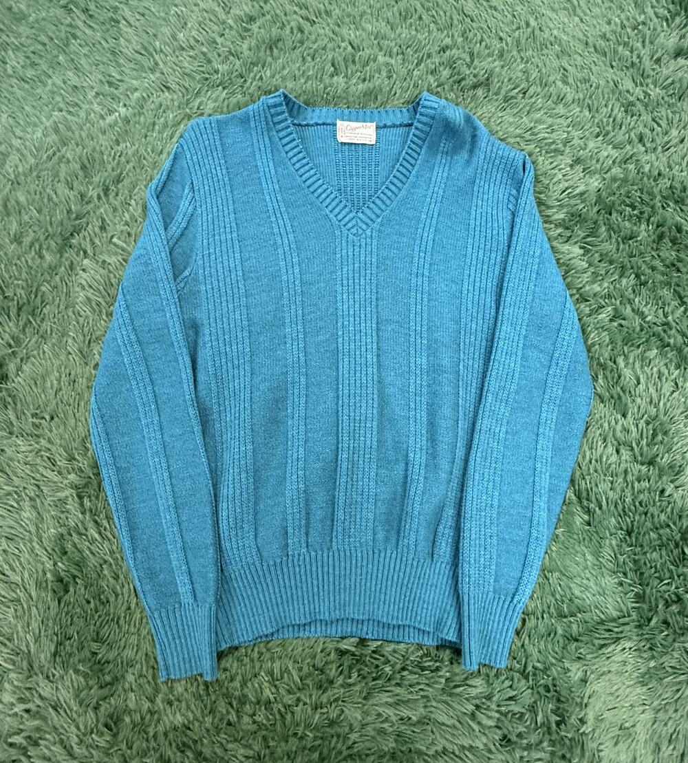 Vintage ClipperMist Men's M Blue Teal V-Neck Ribbed Knit Sweater Made in USA